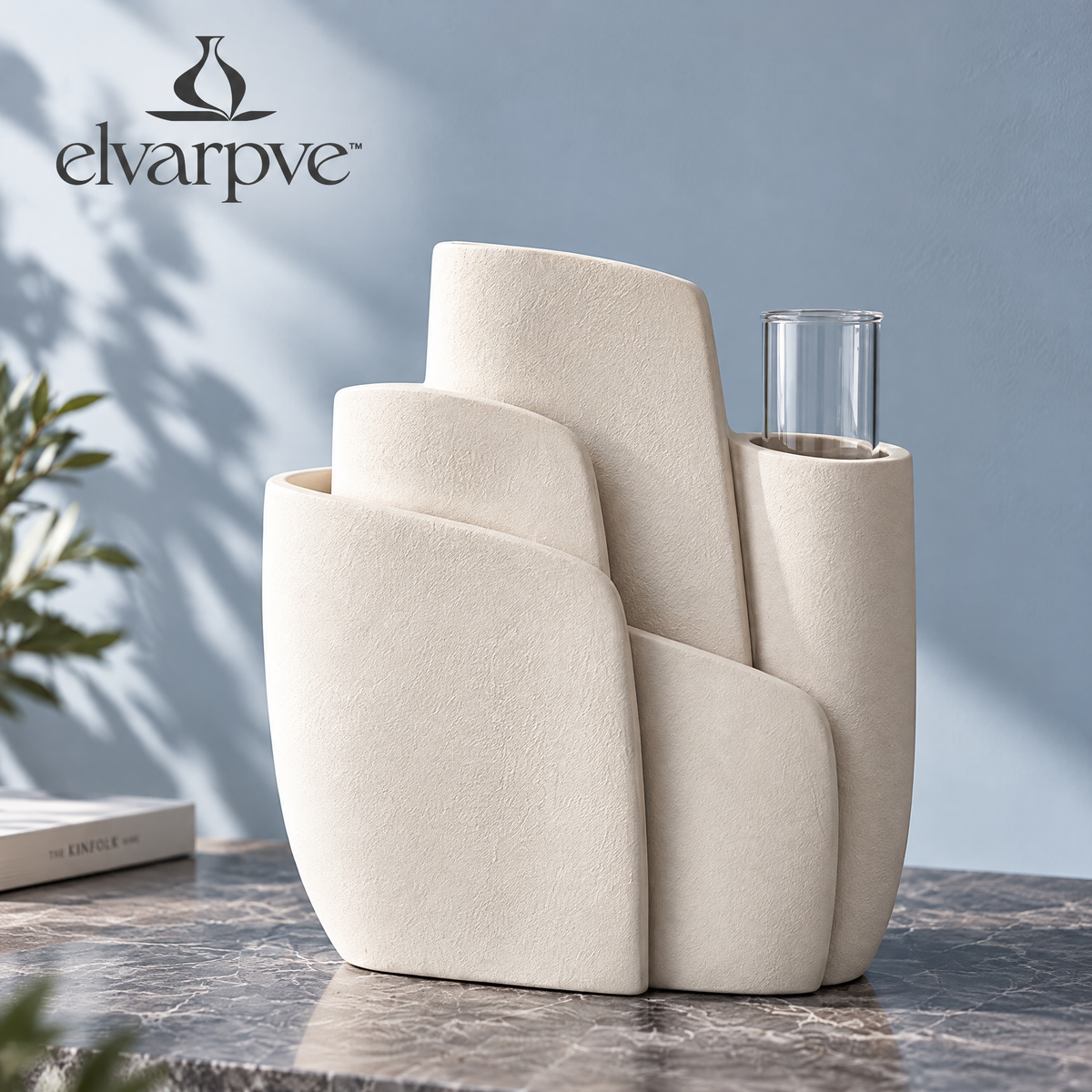 elvarpve™ Strata Offset Ceramic Vase — Sculptural Layered Bud Vessel for Shelf & Console Décor