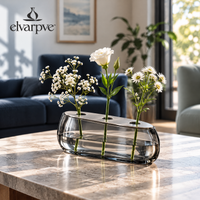 elvarpve™ Estuary Low Glass Vase — Elongated Floral Centerpiece with Removable Three-Opening Stem Guide