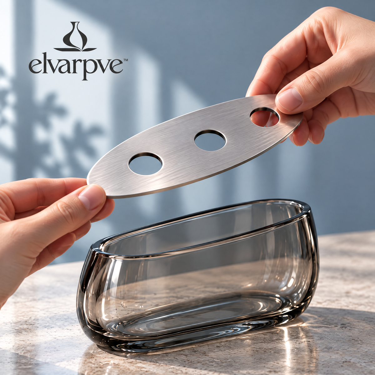elvarpve™ Estuary Low Glass Vase — Elongated Floral Centerpiece with Removable Three-Opening Stem Guide