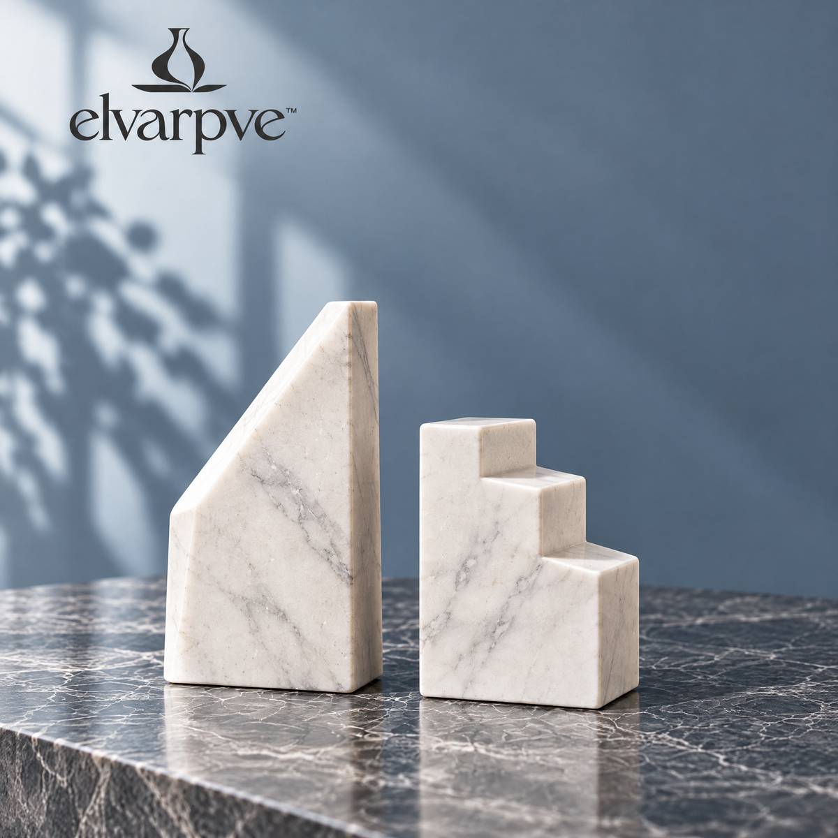 elvarpve™ Faultline Marble Bookends — Asymmetric Geometric Book Support Set for Shelf & Desk