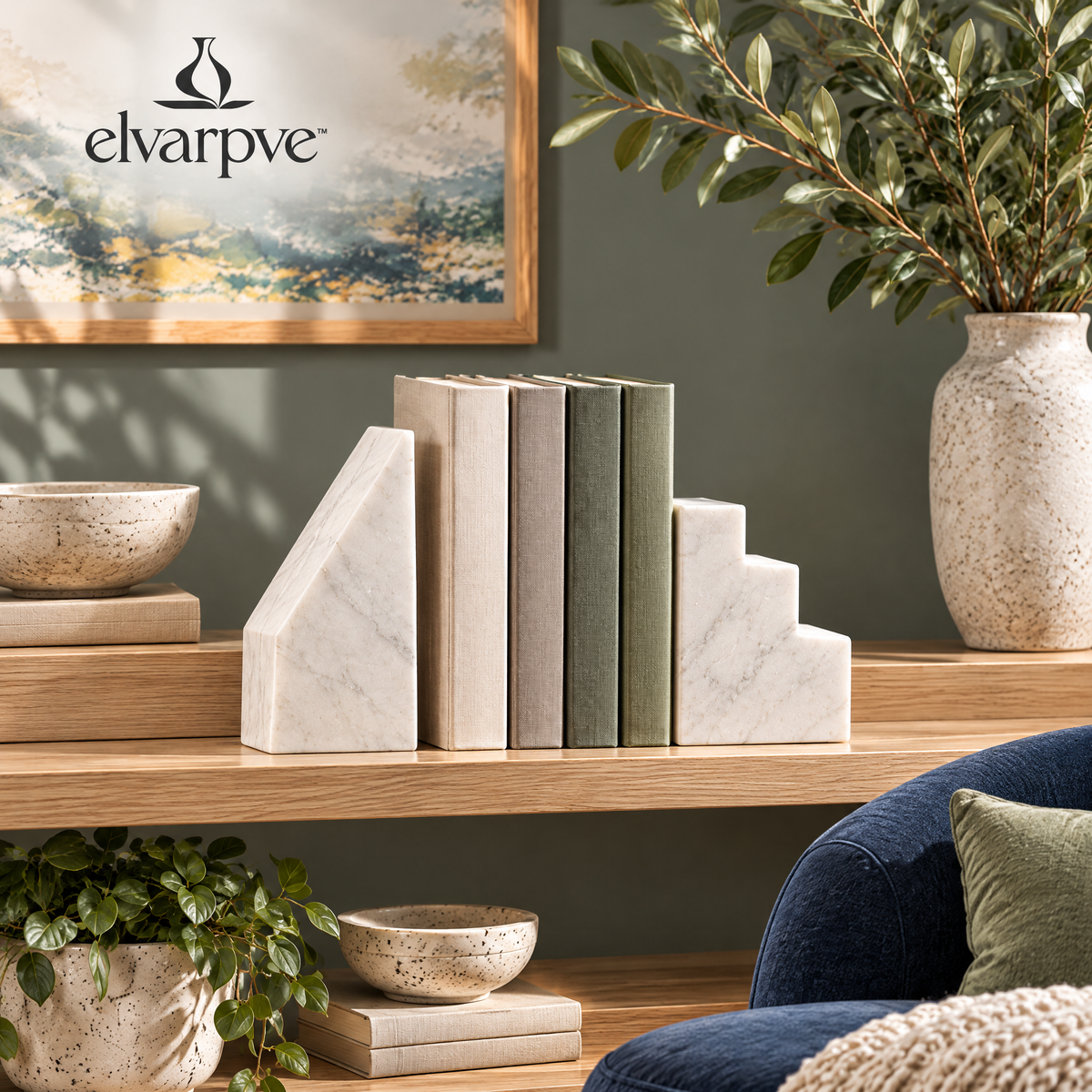 elvarpve™ Faultline Marble Bookends — Asymmetric Geometric Book Support Set for Shelf & Desk