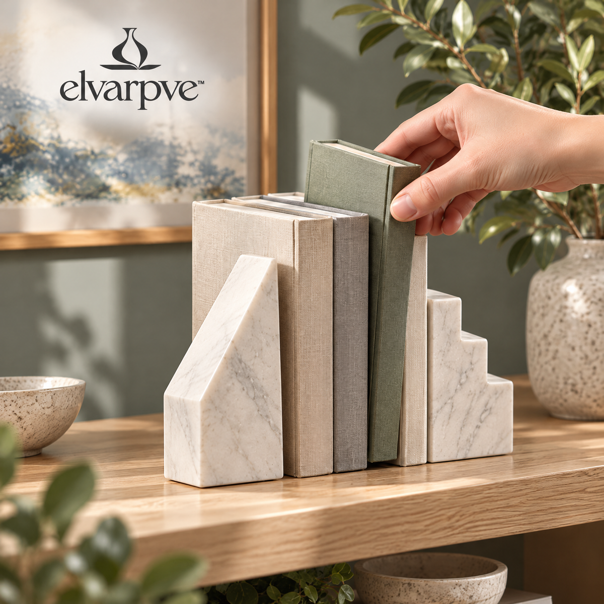 elvarpve™ Faultline Marble Bookends — Asymmetric Geometric Book Support Set for Shelf & Desk