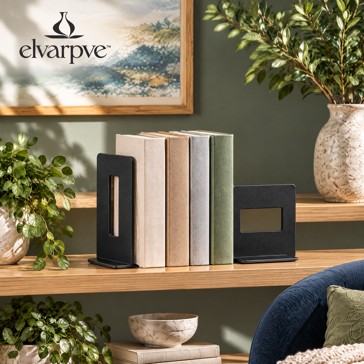 elvarpve™ Courtyard Window Metal Bookends — Architectural Open-Frame Shelf Supports with Offset Cutouts