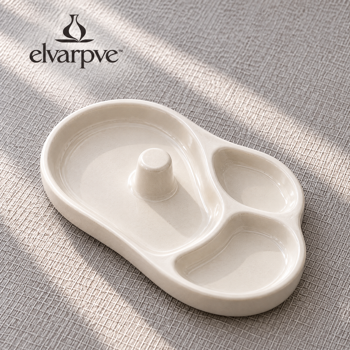 elvarpve™ Orbit Well Ceramic Jewelry Dish — Off-Center Ring Pedestal & Divided Accessory Catchall