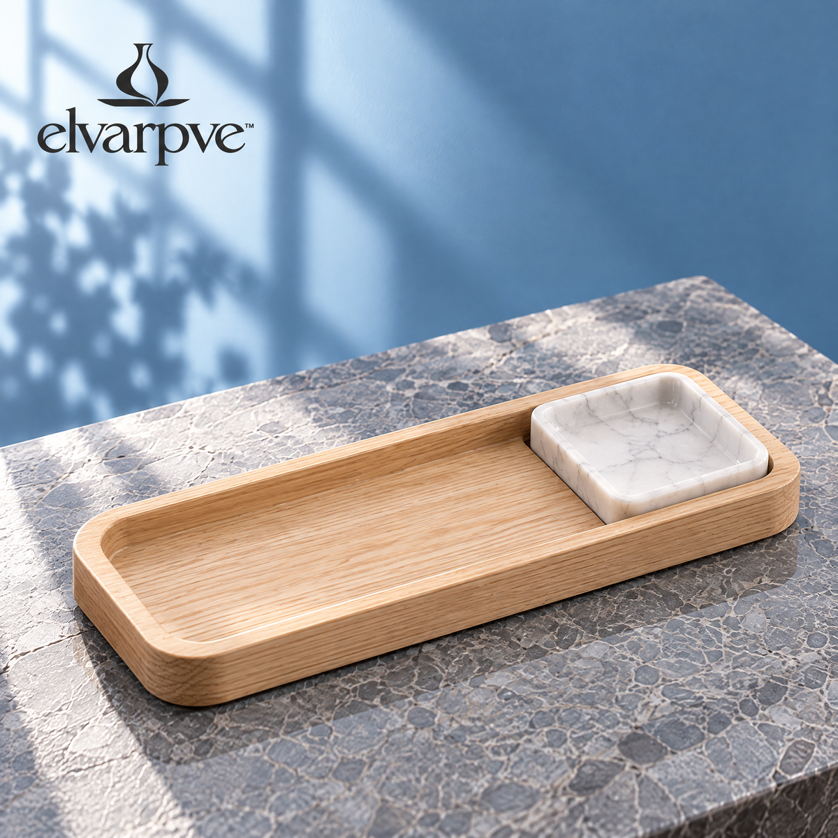 elvarpve™ Inset Wood & Marble Valet Tray — Modular Desktop Catchall with Removable Stone Dish
