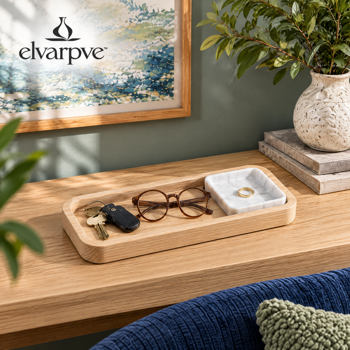 elvarpve™ Inset Wood & Marble Valet Tray — Modular Desktop Catchall with Removable Stone Dish