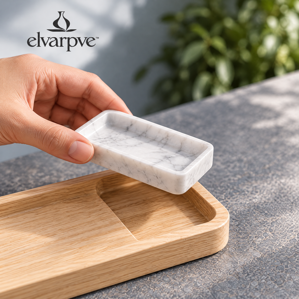 elvarpve™ Inset Wood & Marble Valet Tray — Modular Desktop Catchall with Removable Stone Dish