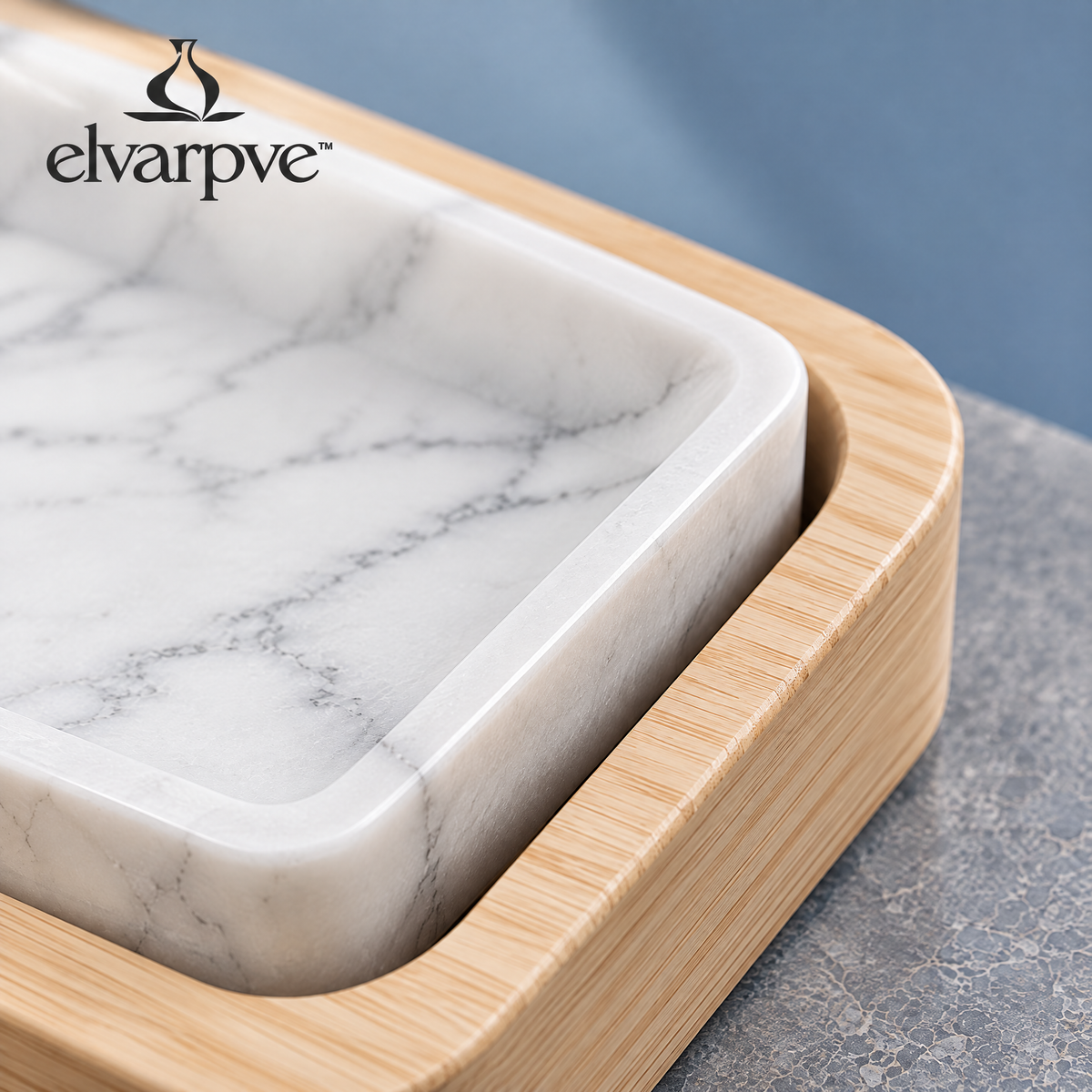 elvarpve™ Inset Wood & Marble Valet Tray — Modular Desktop Catchall with Removable Stone Dish