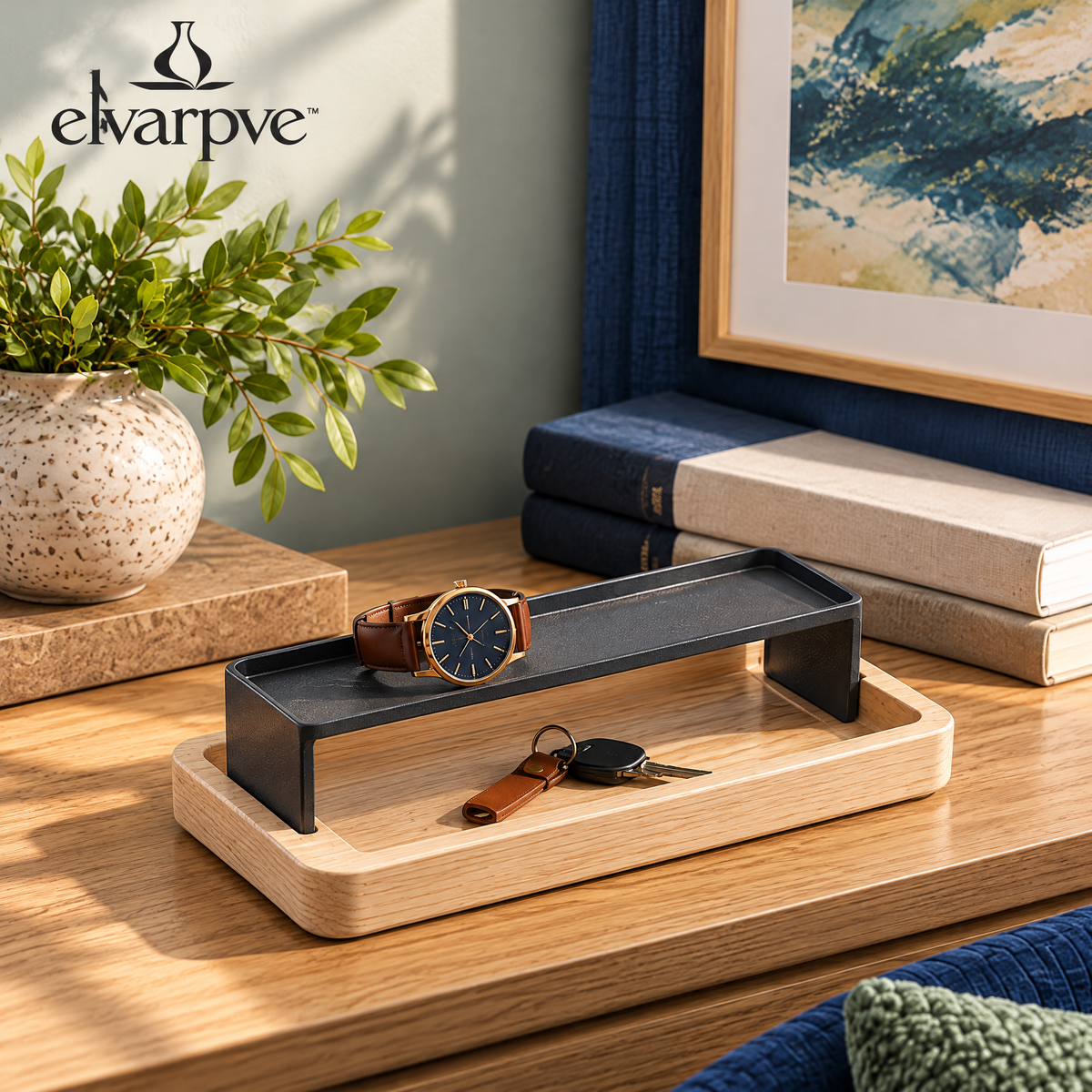 elvarpve™ Span Bridge Two-Level Organizer Tray — Sculptural Desktop Catchall with Removable Upper Shelf